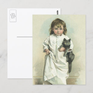 Cartão Postal Vintage Victorian Girl in a Nightgown with Her Cat