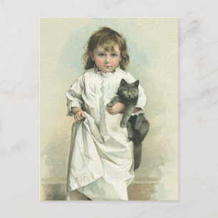 Cartão Postal Vintage Victorian Girl in a Nightgown with Her Cat