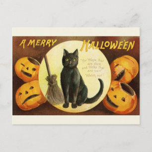 Cartão Postal Vintage Victorian Halloween Black Cat e Pumpkins