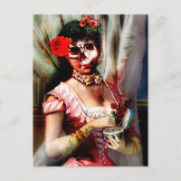 Vintage Victorian Lady Vanity Skull Postcard