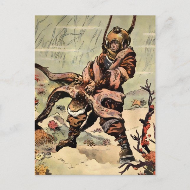 Cartão Postal Vintage Victorian Octopus Diver Fight (Frente)