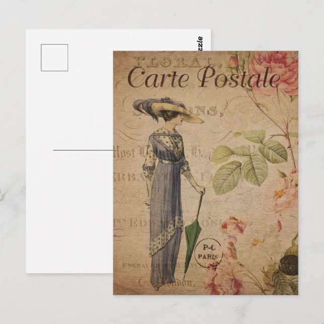 Cartão Postal Vintage Victorian Woman com Parasol (Frente/Verso)