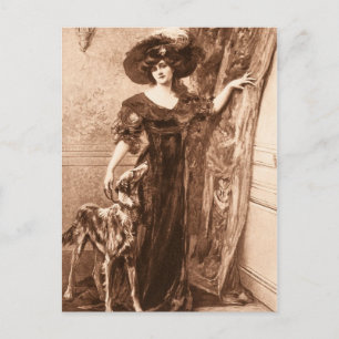 Cartão Postal Vintage Victorian Woman w Greyhound Dog Modelo