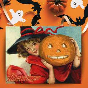 Cartão Postal Vintage Victorian Young Girl Witch com Pumpkin
