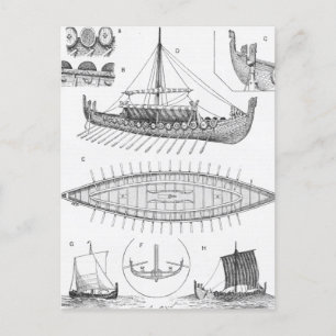 Cartão Postal Vintage Viking Naval Ship History and Diagram (His