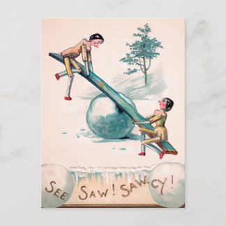 Cartão Postal Vintage Vitoriian Woodwood Dols See Saw Christmas