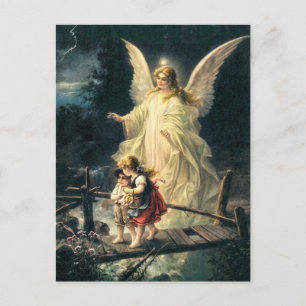 Cartão Postal Vintage Wächter Engel und Kinder auf Brücke