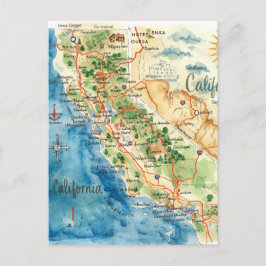 Cartão Postal Vintage Watercolor California Travel Map Art