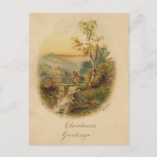 Cartão Postal Vintage Watercolor Christmas | Birch Tree & Bridge