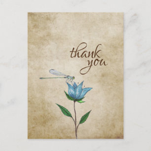 Cartão Postal Vintage Watercolor Dragonfly Blue Flower Obrigado