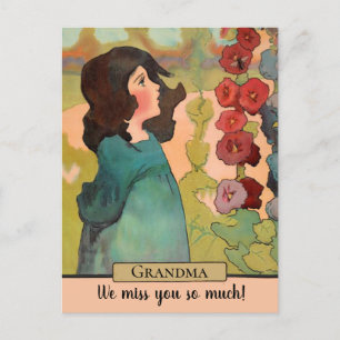 Cartão Postal Vintage Watercolor Girl with Flowers and Bee