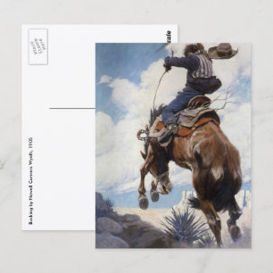 Cartão Postal Vintage Western Cowboys, Bucking, pelo NC Wyeth