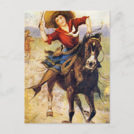 Cartão Postal Vintage Western Cowgirl Em Cavalo