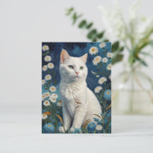 Vintage White Cat Flores Blue Retrato Van Gogh