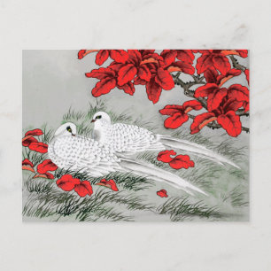 Cartão Postal Vintage White Doves e Red Leaves nas Cinzas