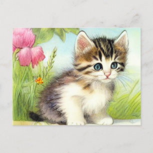 Cartão Postal Vintage White e Brown Kitten com Flores