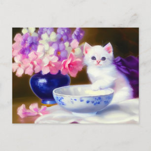 Cartão Postal Vintage White Kitten com Fita Roxa