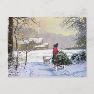 Cartão Postal Vintage Winter Child Trazendo Para Casa A Árvore