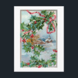 Cartão Postal Vintage Winter Rural Village e Christmas Holly<br><div class="desc">Cena de inverno rural encantadora,  com cascas cobertas de neve,  montanhas e árvores na fronteira da cinza clara e festivas,  amarradas com fita vermelha. Recursos gráficos complementares especialmente projetados com campos de texto editáveis.</div>