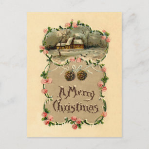 Cartão Postal Vintage Winter Scense w/Floral Border
