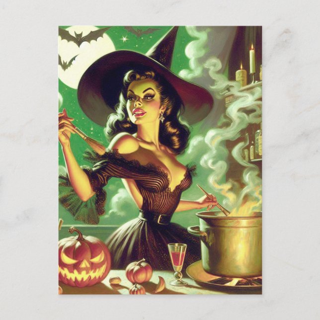 Cartão Postal Vintage Witch Halloween Pin-Up (Frente)