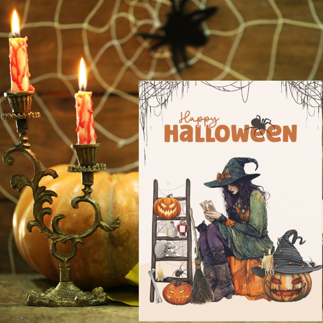 Cartão Postal Vintage Witch Tarot Assusta Pumpkin Halloween (Front of card)
