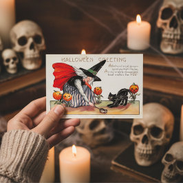 Cartão Postal Vintage Witness Halloween Com Gato Assustador