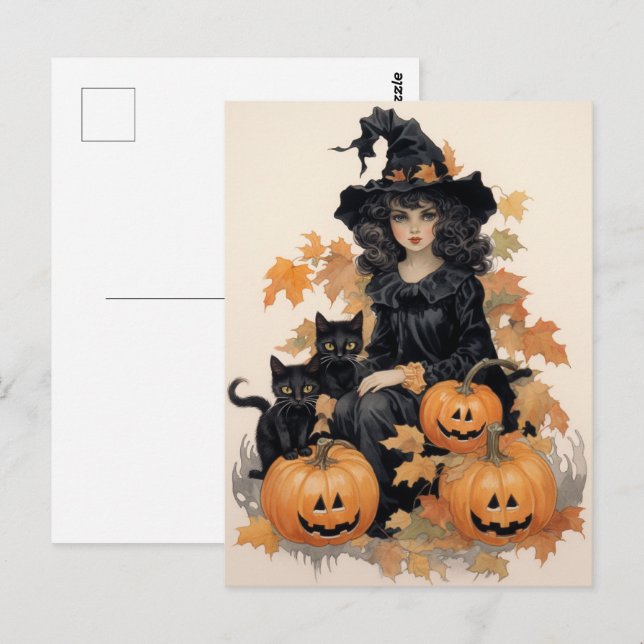 Cartão Postal Vintage Witold e Black Cats Halloween (Frente/Verso)