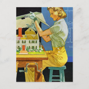 Cartão Postal Vintage Woman Architect Miniature House Blueprint