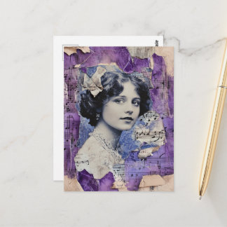Cartão Postal Vintage Woman Collage Sheet Music Purple
