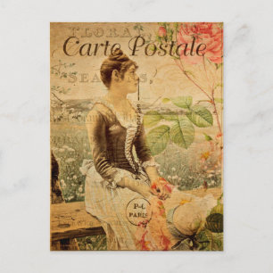Cartão Postal Vintage Woman in Countryside Floral Flowers French