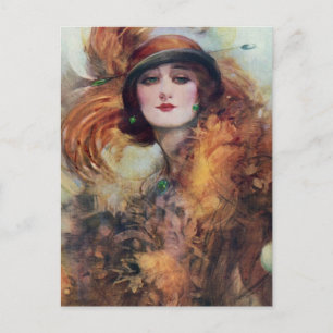 Cartão Postal Vintage Woman Retrato 20s Flop Hat Art