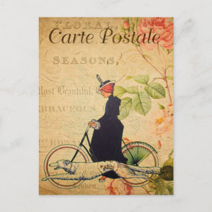 Cartão Postal Vintage Woman Riding Bicycle with Dog French