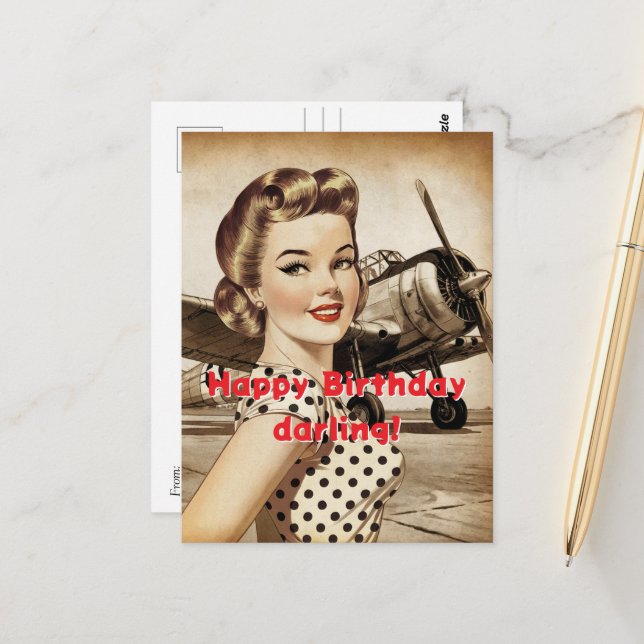 Cartão Postal Vintage Woman & WW2 Airplane, Elegante Birthda (Frente/Verso In Situ)