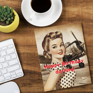 Cartão Postal Vintage Woman & WW2 Airplane, Elegante Birthda