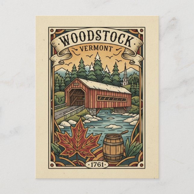 Cartão Postal Vintage Woodstock Vermont Travel (Frente)