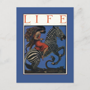 Cartão Postal Vintage Zebra com Art Nouveau Woman Rider