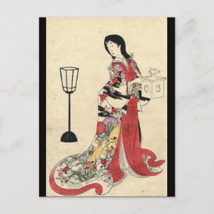 Cartão Postal vintage zen lantern red kimono japanese geisha
