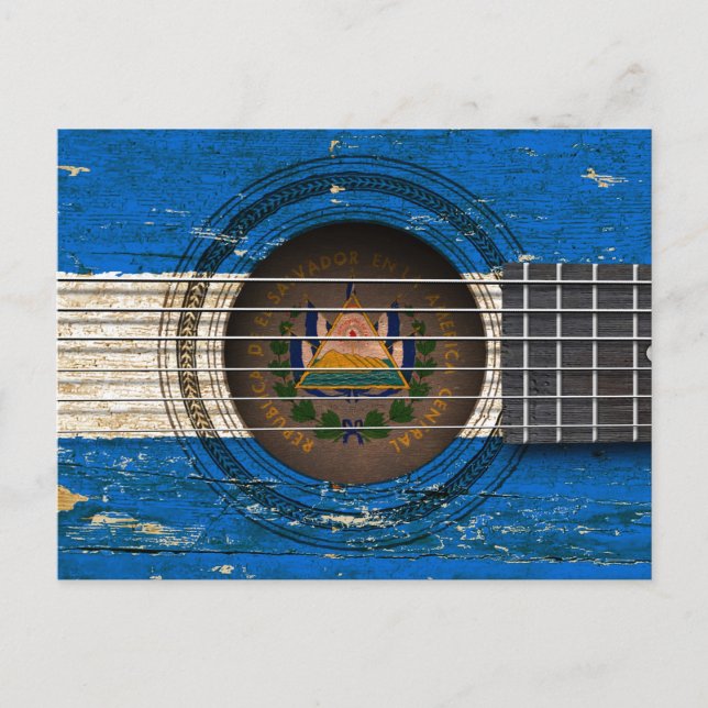 Cartão Postal Violão Acústico Antigo com Bandeira de El Salvador (Frente)