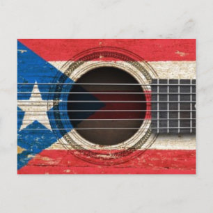 Cartão Postal Violão acústico antigo com bandeira de Porto Rico