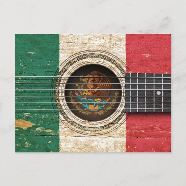 Cartão Postal Violão Acústico Antigo com Bandeira Mexicana (Frente)
