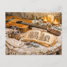 Cartão Postal Violão Acústico Vintage com Velas e Inverno Aconch