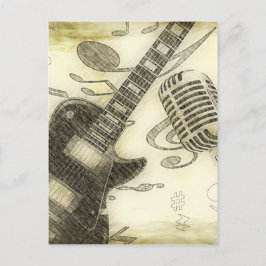 Cartão Postal Violão Vintage e Microfone