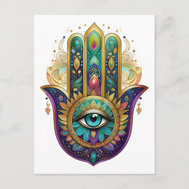 Cartão Postal Violet Green Gold Petals Hamsa Turquoise Third Eye (Frente)