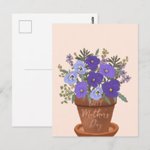 Cartão Postal Violetas Roxas em um Vaso – Arranjo Floral para o