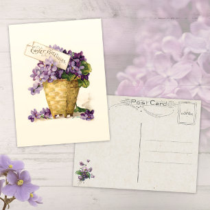 Cartão Postal Violetas Vintage e Saudações Páscoas