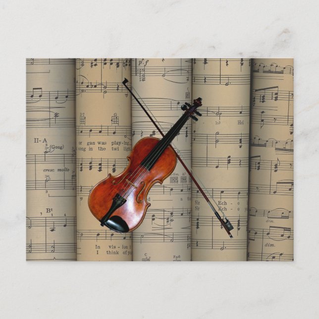 Cartão Postal Violin ~ Rolled Sheet Music Background ~ Musical (Frente)