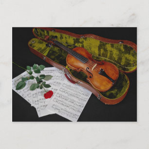 Cartão Postal Violino e rosa vermelha sobre fundo preto