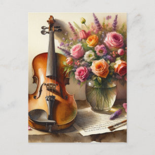 Cartão Postal Violino, Partitura e um Vaso de Flores 