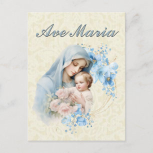 Cartão Postal Virgem Católica Mary Jesus Floral Azul Ave Maria
